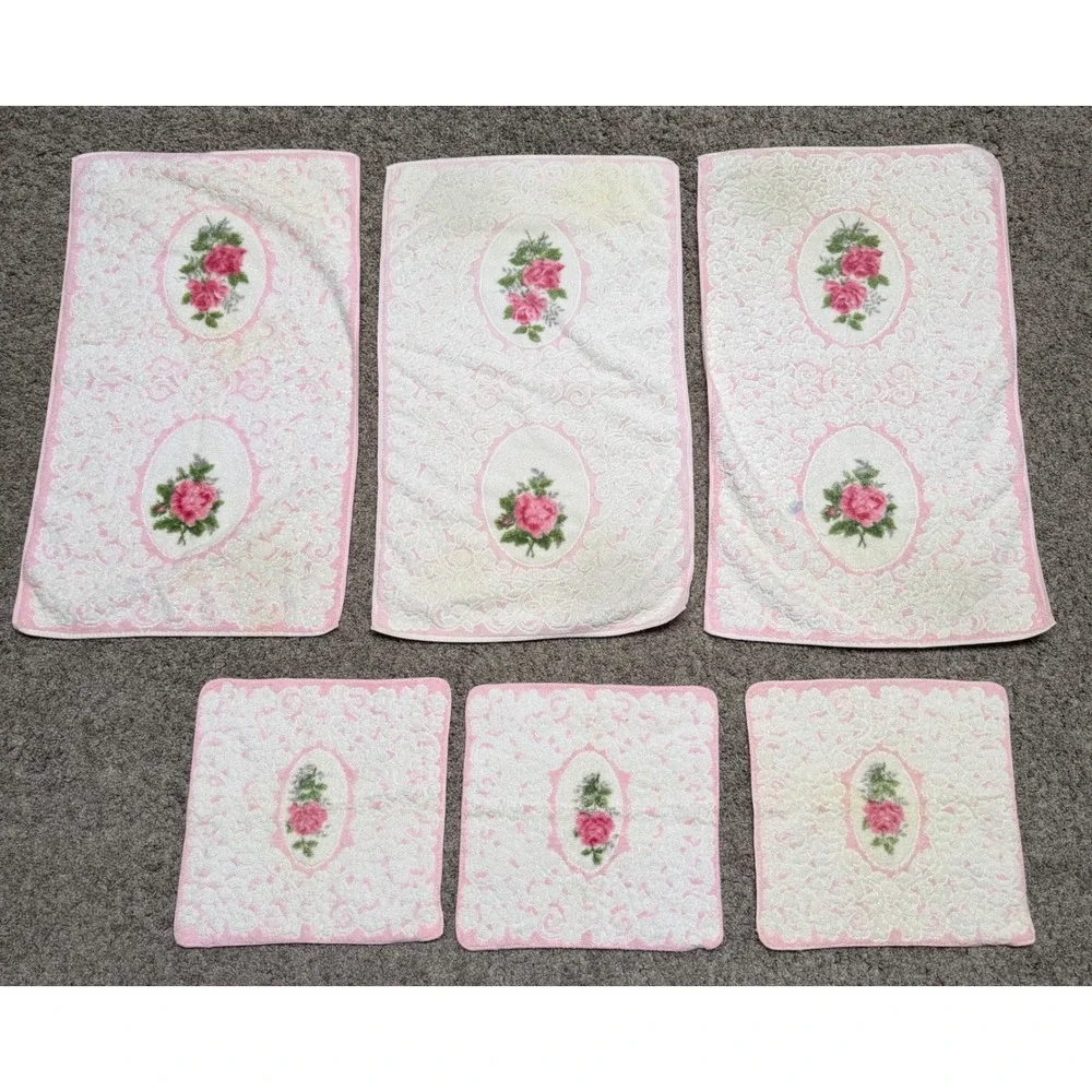 70s Vintage Cannon Royal Family 6pc Towel Set Pink Rose Floral Cotton White‎